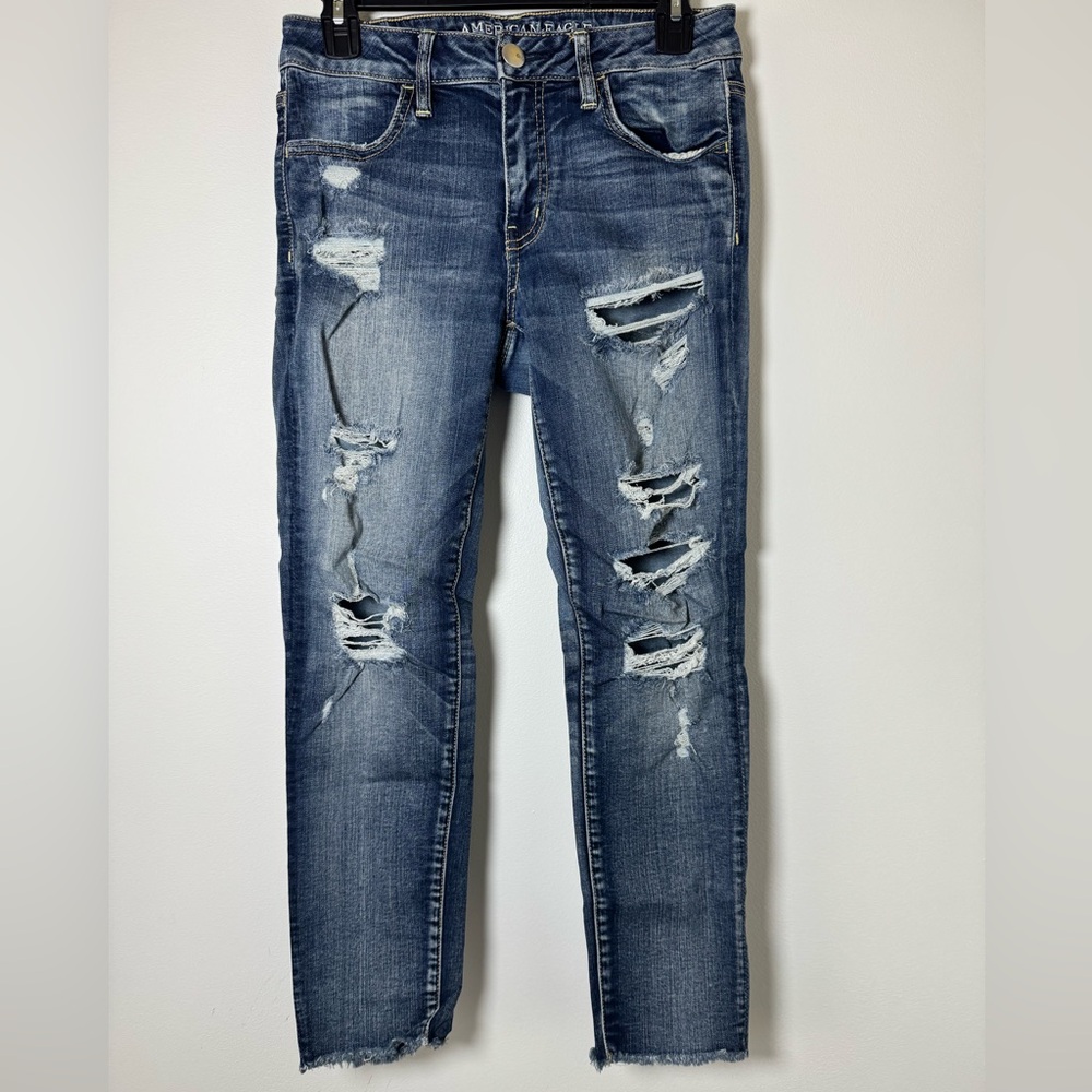 AE Jegging Crop Jeans Womens 8 Distressed Super Stretch Raw Hem Denim